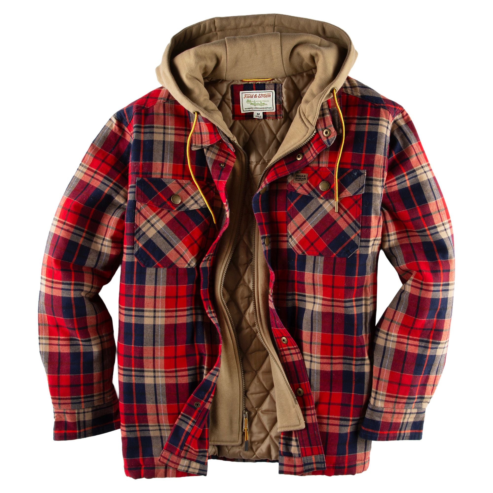Red Velvet Plaid - Men's Decoy Hooded Flannel Shirt Jacket - Layflat